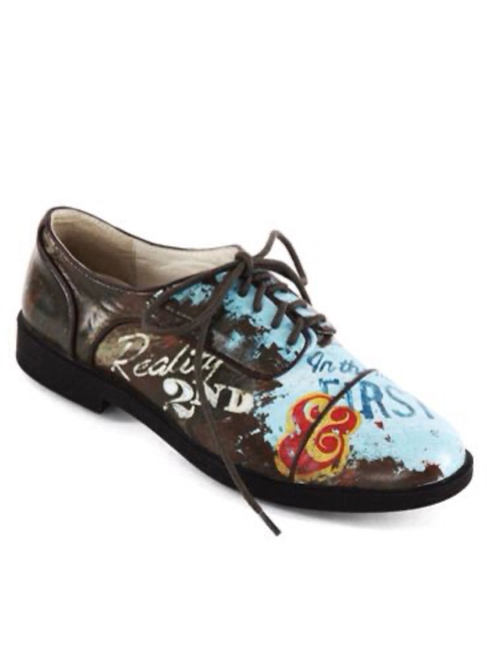 Icon Shoes Womens 7 Art Printed Leather Oxfords Lace Up Brown Craft Graphic EUC